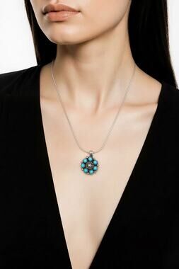 Navajo Signed Fred Baca Silver Turquoise Cluster Pendant Necklace